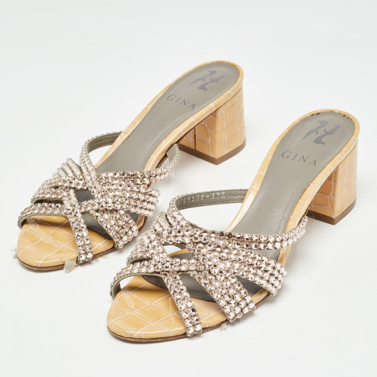 Pre Owned Gina Beige Croc Embossed Patent Rodeo Crystal Embellished Slides Size 37.5