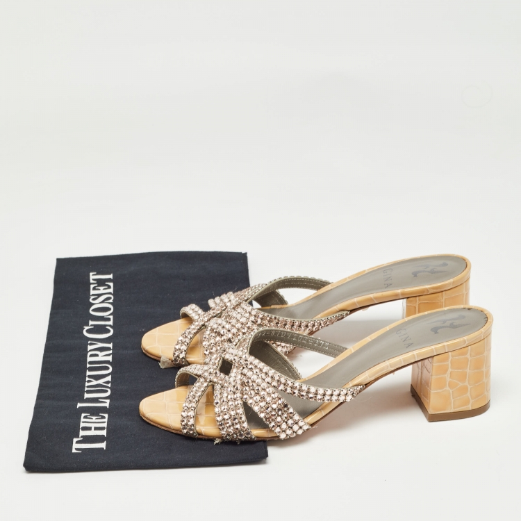 Pre Owned Gina Beige Croc Embossed Patent Rodeo Crystal Embellished Slides Size 37.5