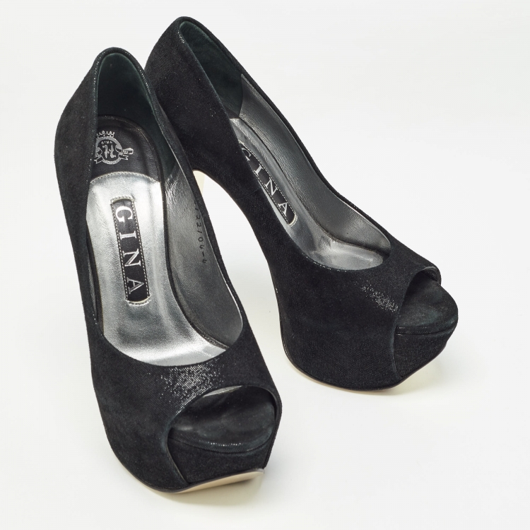 Pre Owned Gina Black Suede Peep Toe Platform Pumps Size 37