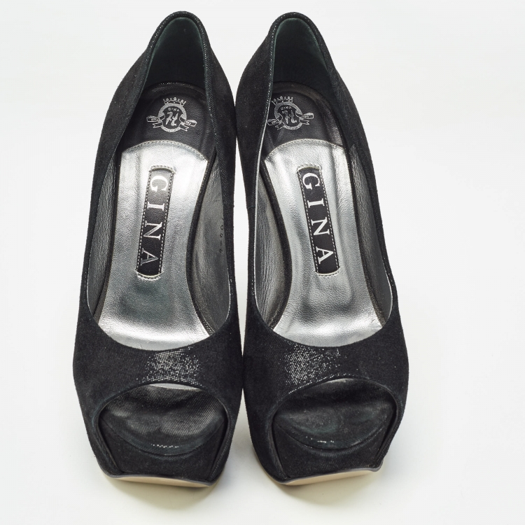 Pre Owned Gina Black Suede Peep Toe Platform Pumps Size 37