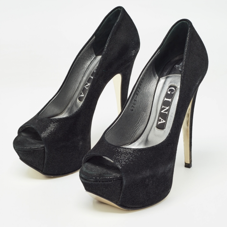 Pre Owned Gina Black Suede Peep Toe Platform Pumps Size 37