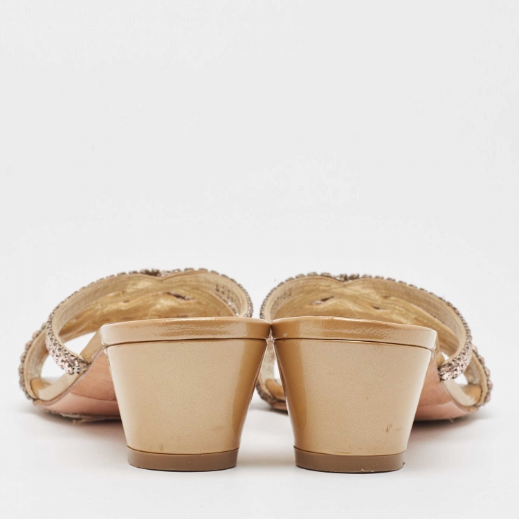 Pre Owned Gina Beige Patent Leather Crystals Embellished Slide Sandals Size 39.5 