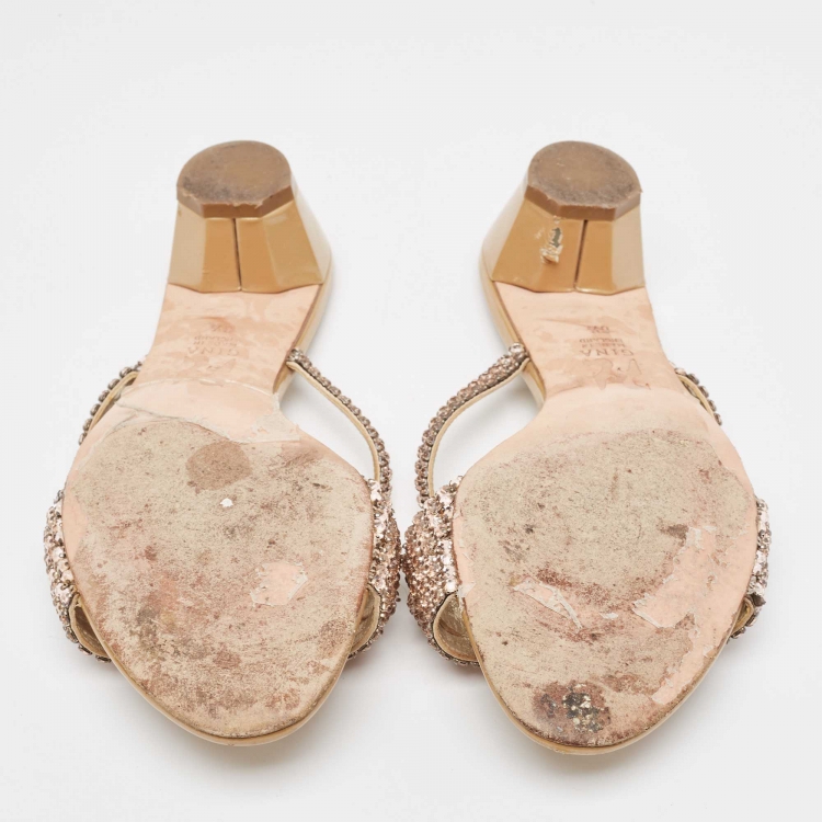 Pre Owned Gina Beige Patent Leather Crystals Embellished Slide Sandals Size 39.5 