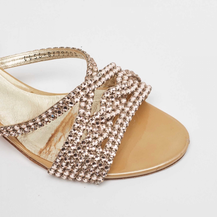 Pre Owned Gina Beige Patent Leather Crystals Embellished Slide Sandals Size 39.5 