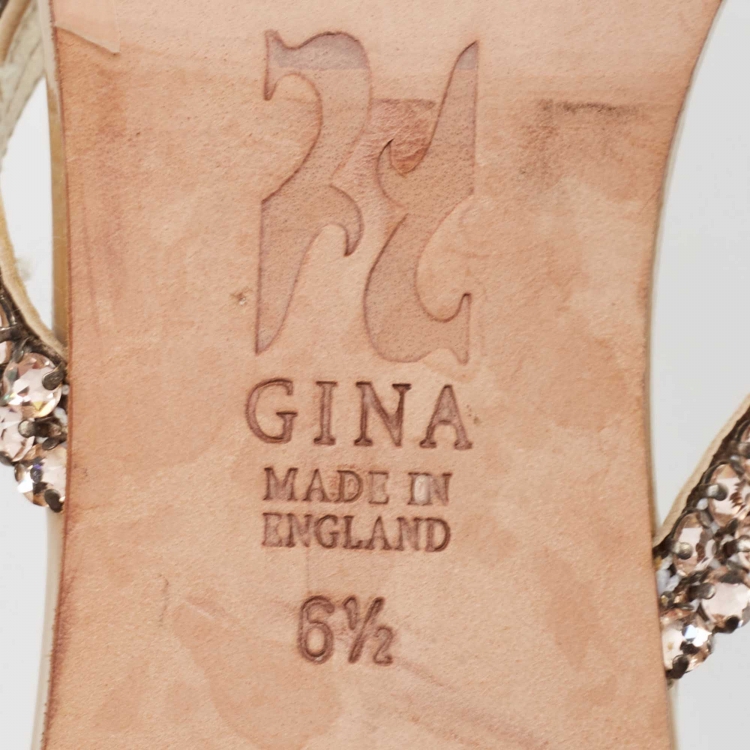 Pre Owned Gina Beige Patent Leather Crystals Embellished Slide Sandals Size 39.5 