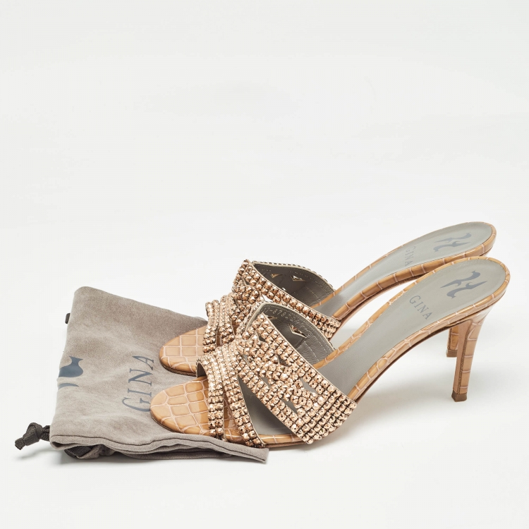 Pre Owned Gina Loren Brown Croc Embossed Patent Leather Slide Sandals Size 39