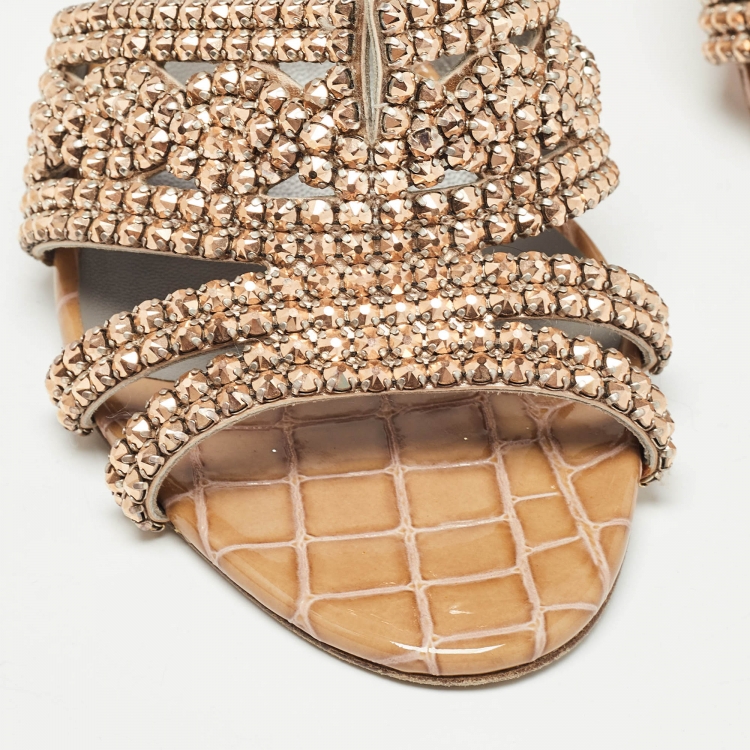 Pre Owned Gina Loren Brown Croc Embossed Patent Leather Slide Sandals Size 39