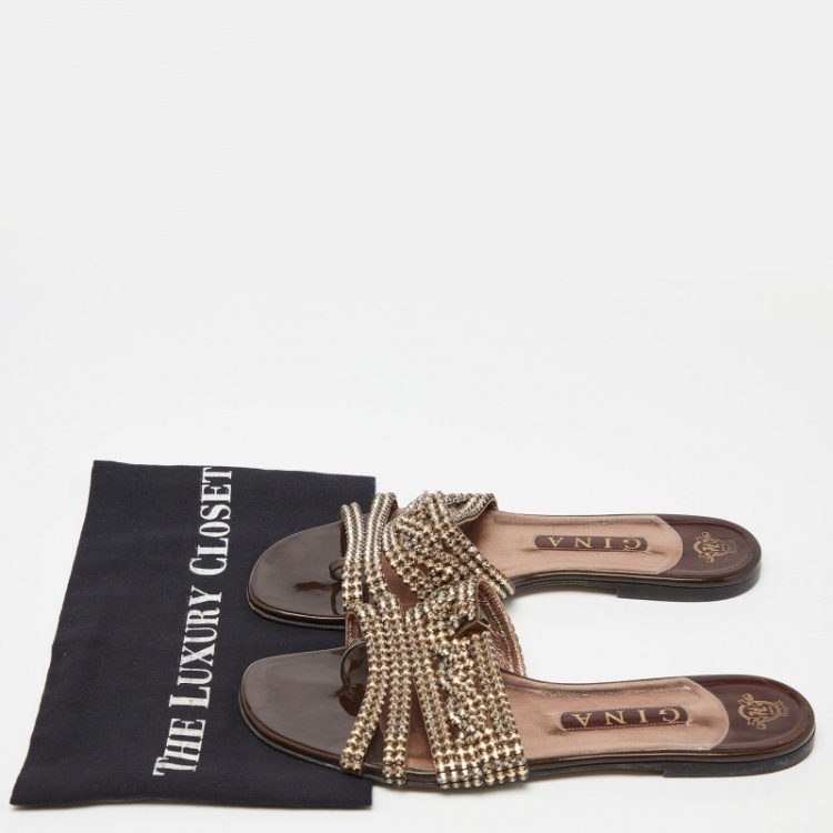 Pre Owned Gina Brown Patent Leather Crystal Embellished Flat Slides Size 40