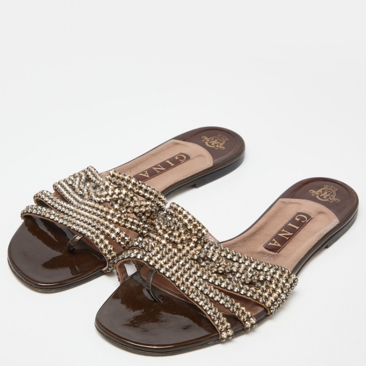 Pre Owned Gina Brown Patent Leather Crystal Embellished Flat Slides Size 40