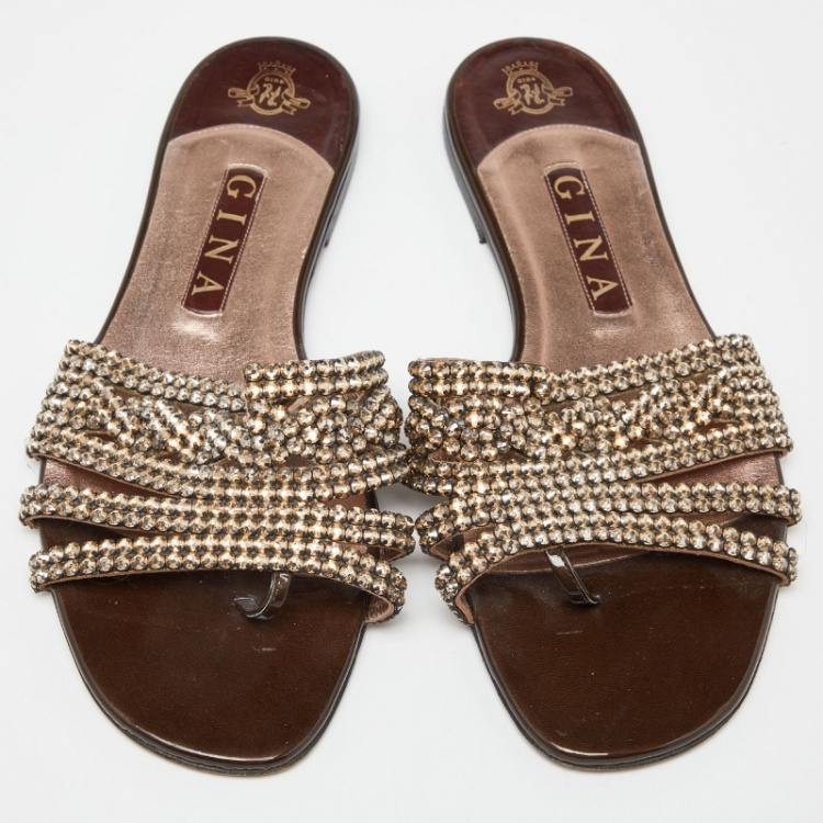 Pre Owned Gina Brown Patent Leather Crystal Embellished Flat Slides Size 40