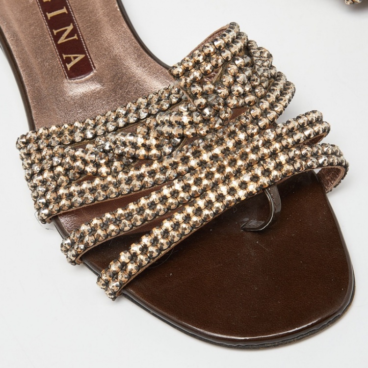 Pre Owned Gina Brown Patent Leather Crystal Embellished Flat Slides Size 40