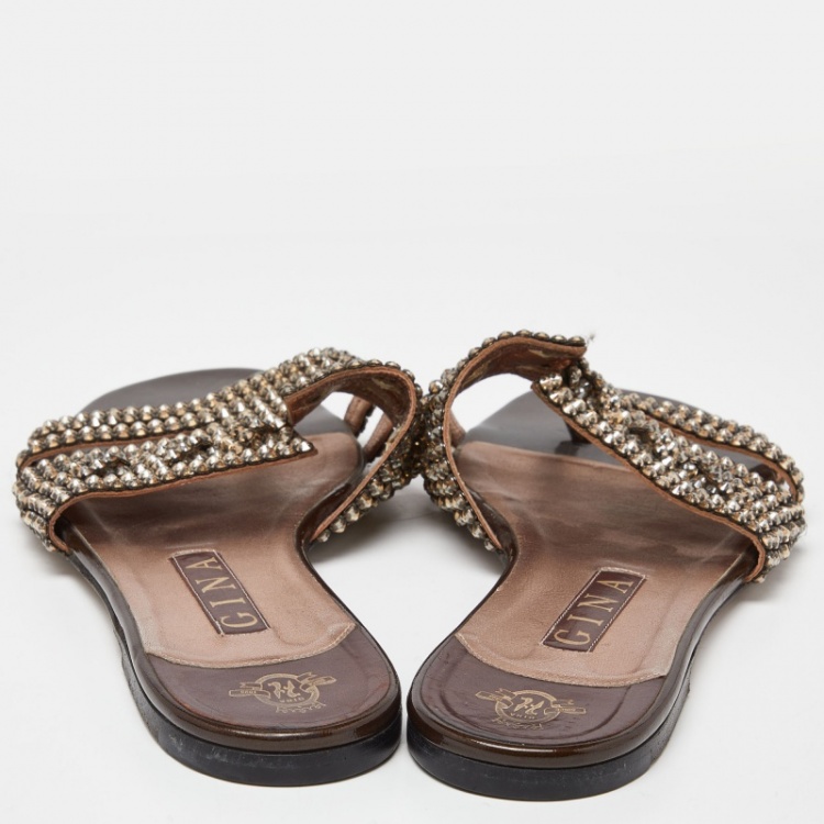 Pre Owned Gina Brown Patent Leather Crystal Embellished Flat Slides Size 40