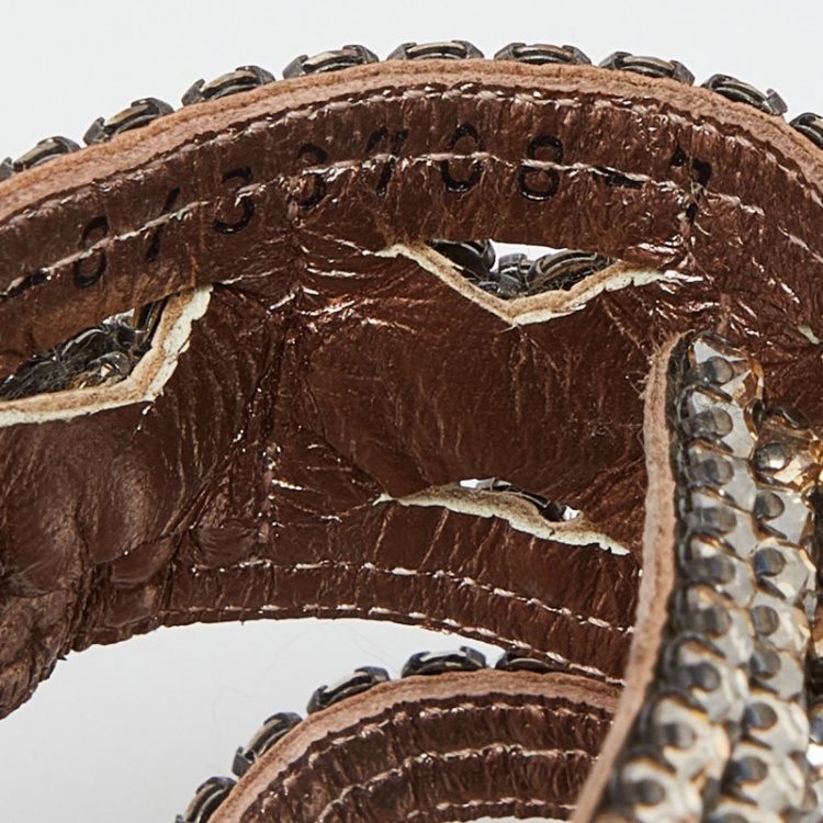 Pre Owned Gina Brown Patent Leather Crystal Embellished Flat Slides Size 40