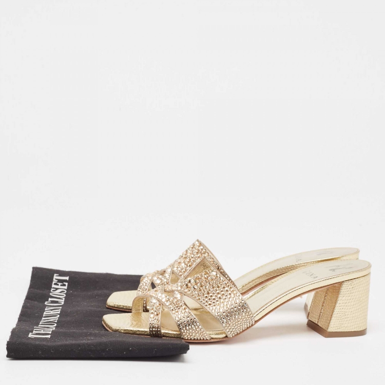 Pre Owned Gina Gold Crystal Embellished Leather Slide Sandals Size 39