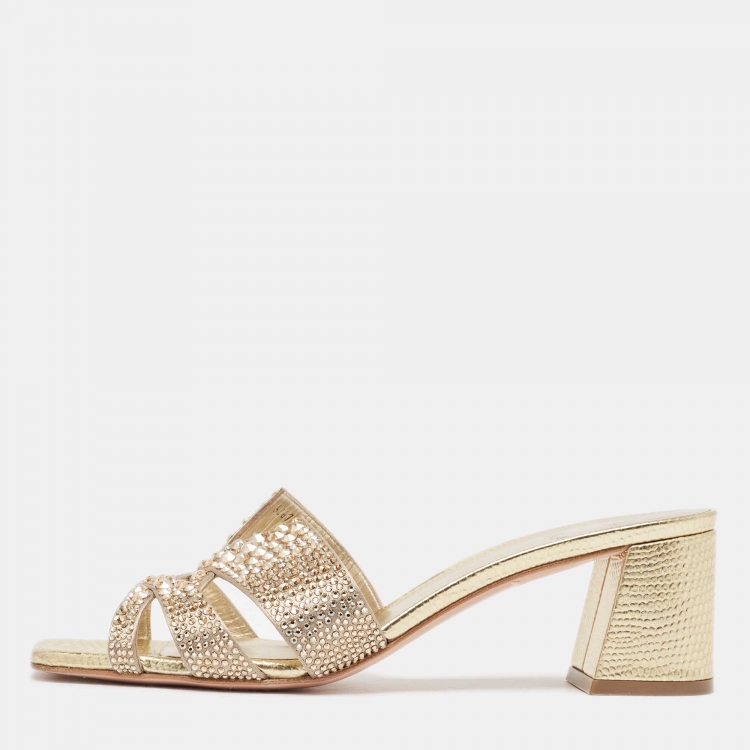 Pre Owned Gina Gold Crystal Embellished Leather Slide Sandals Size 39