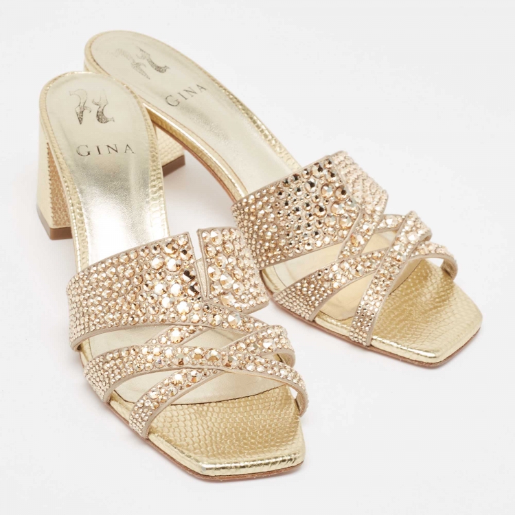 Pre Owned Gina Gold Crystal Embellished Leather Slide Sandals Size 39