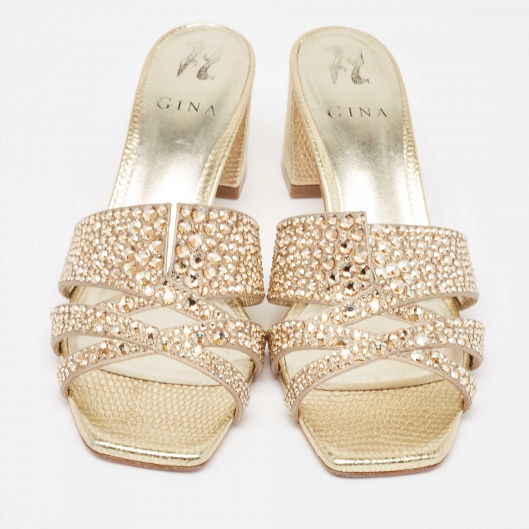 Pre Owned Gina Gold Crystal Embellished Leather Slide Sandals Size 39
