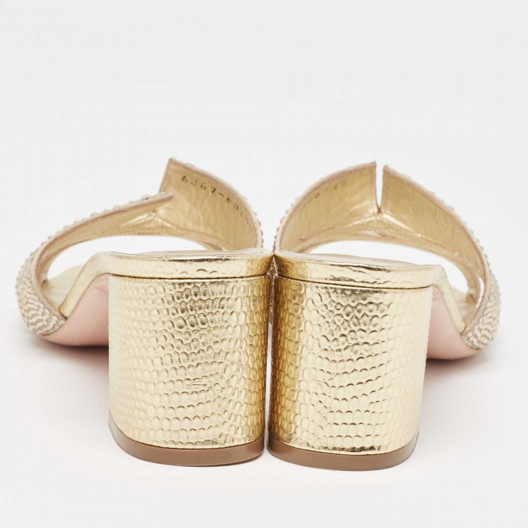 Pre Owned Gina Gold Crystal Embellished Leather Slide Sandals Size 39
