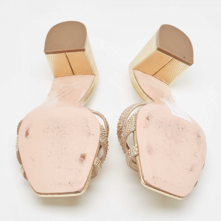 Pre Owned Gina Gold Crystal Embellished Leather Slide Sandals Size 39