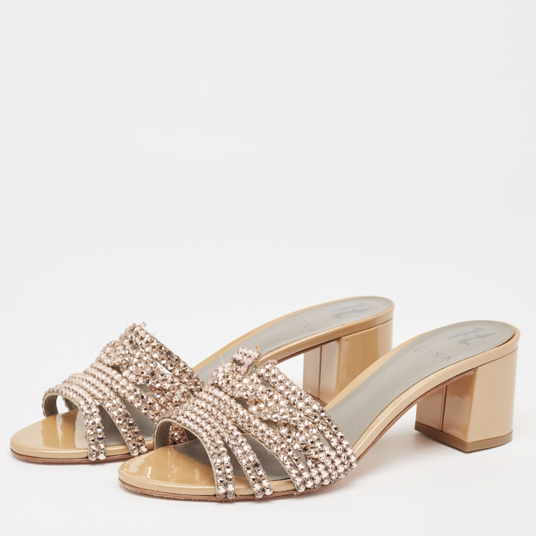 Pre Owned Gina Beige Crystal Embellished Leather Block Heel Slide Sandals Size 39