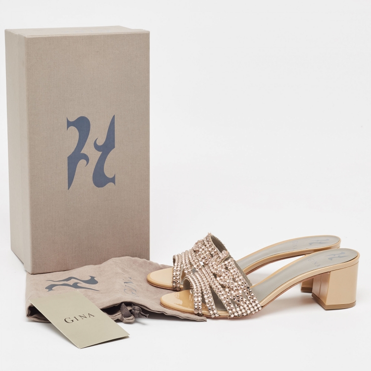 Pre Owned Gina Beige Crystal Embellished Leather Block Heel Slide Sandals Size 39