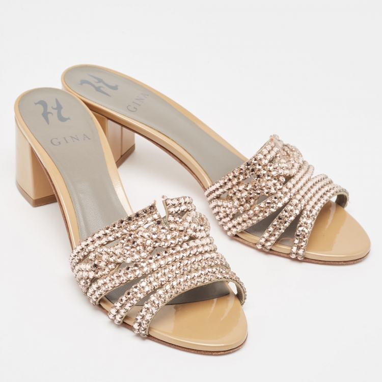 Pre Owned Gina Beige Crystal Embellished Leather Block Heel Slide Sandals Size 39