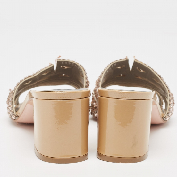 Pre Owned Gina Beige Crystal Embellished Leather Block Heel Slide Sandals Size 39