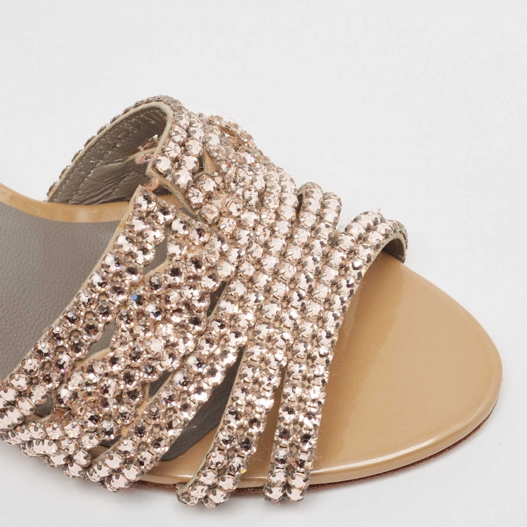 Pre Owned Gina Beige Crystal Embellished Leather Block Heel Slide Sandals Size 39