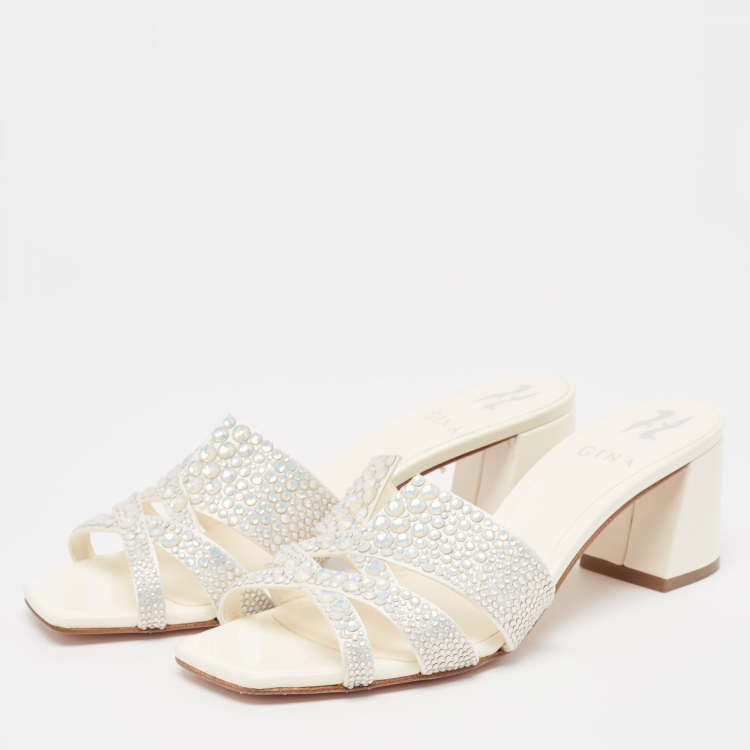 Pre Owned Gina Cream Crystal Embellished Leather Orsay Block Heel Slide Sandals Size 39