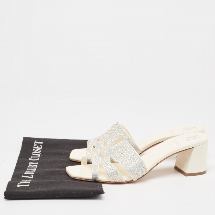 Pre Owned Gina Cream Crystal Embellished Leather Orsay Block Heel Slide Sandals Size 39