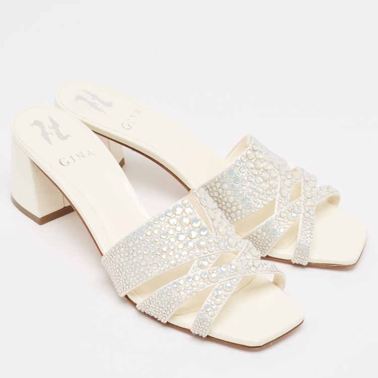 Pre Owned Gina Cream Crystal Embellished Leather Orsay Block Heel Slide Sandals Size 39