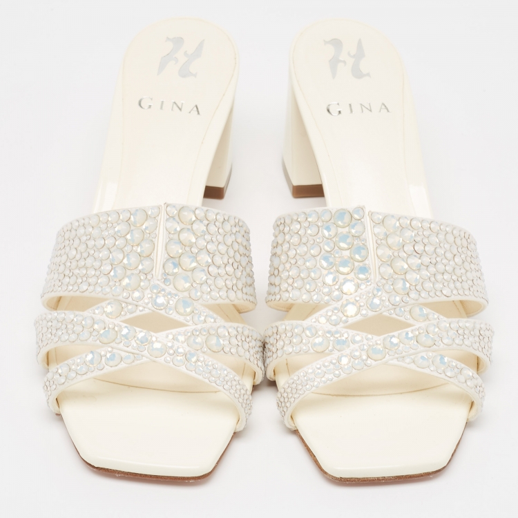 Pre Owned Gina Cream Crystal Embellished Leather Orsay Block Heel Slide Sandals Size 39