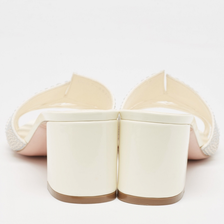 Pre Owned Gina Cream Crystal Embellished Leather Orsay Block Heel Slide Sandals Size 39