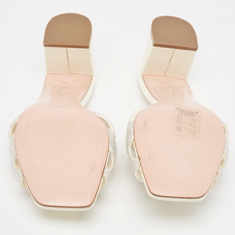 Pre Owned Gina Cream Crystal Embellished Leather Orsay Block Heel Slide Sandals Size 39