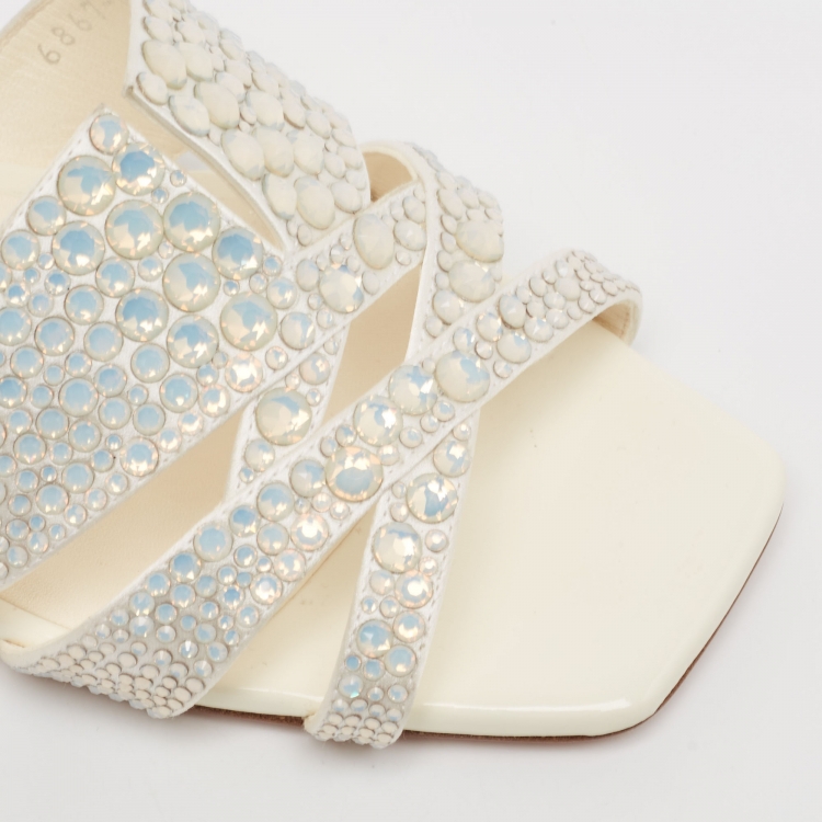 Pre Owned Gina Cream Crystal Embellished Leather Orsay Block Heel Slide Sandals Size 39