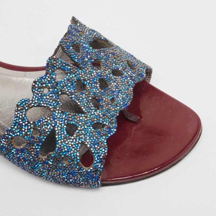 مملوكة مسبقًا Gina Blue Crystal Embellished Cut Out Flat Slides Size 39.5