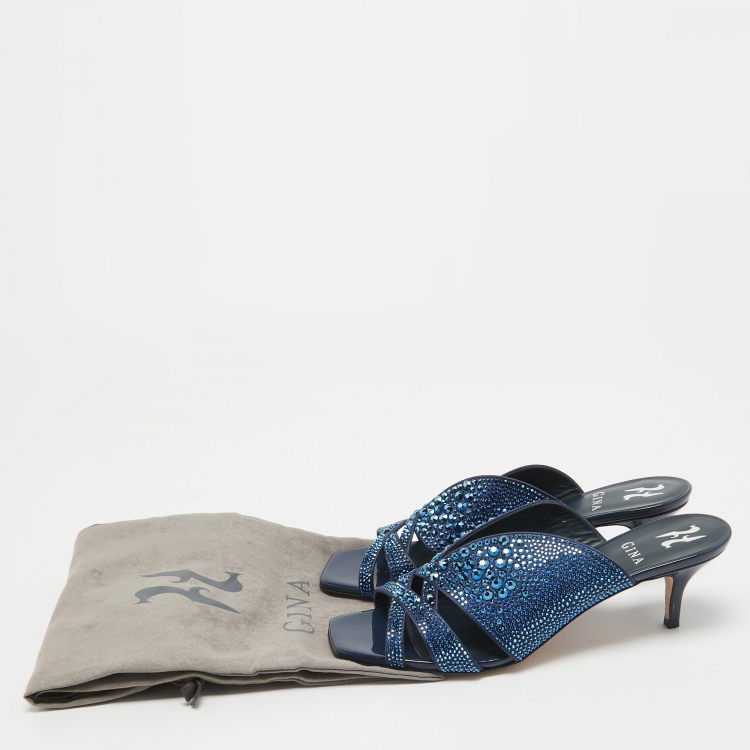Pre Owned Gina Blue Satin Crystal Embellished Slide Sandals Size 40