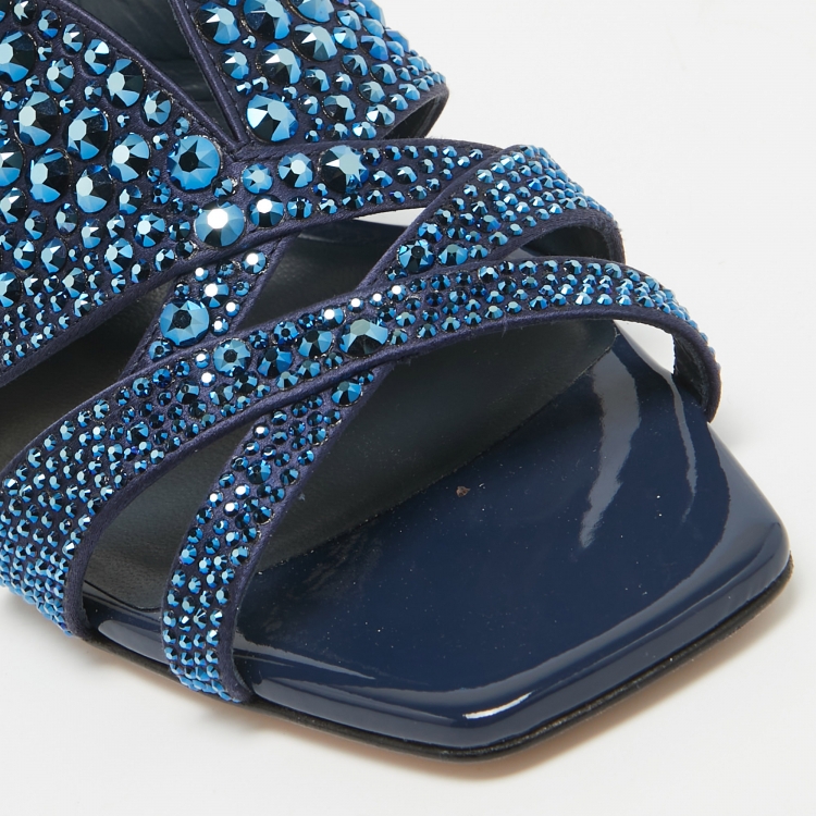 Pre Owned Gina Blue Satin Crystal Embellished Slide Sandals Size 40