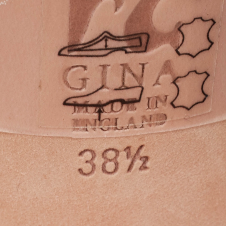 Pre Owned Gina Beige/Pink Crystal Embellished Leather Block Heel Slide Sandals Size 38.5