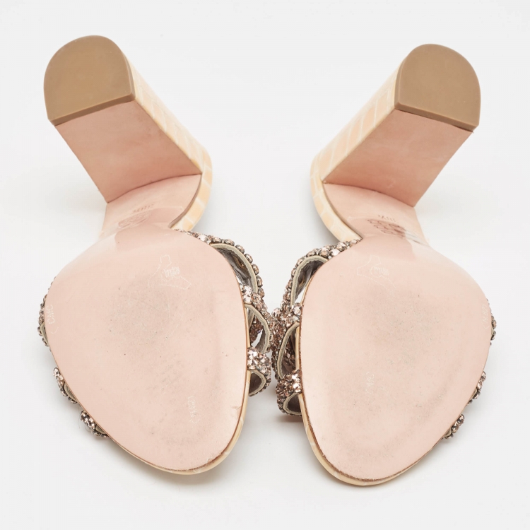 Pre Owned Gina Beige/Pink Crystal Embellished Leather Block Heel Slide Sandals Size 38.5