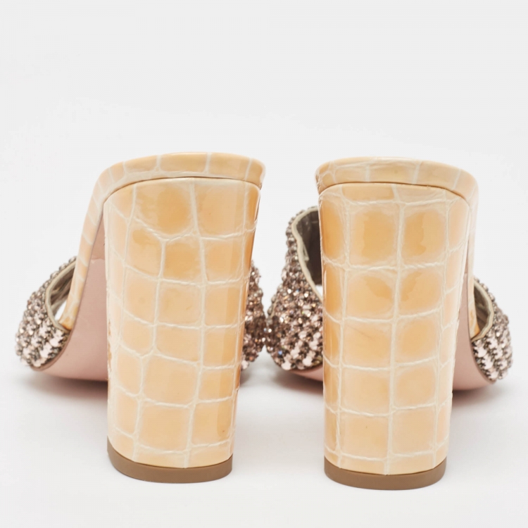 Pre Owned Gina Beige/Pink Crystal Embellished Leather Block Heel Slide Sandals Size 38.5