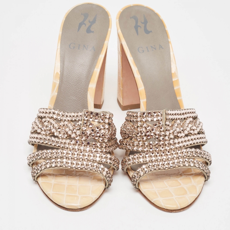 Pre Owned Gina Beige/Pink Crystal Embellished Leather Block Heel Slide Sandals Size 38.5