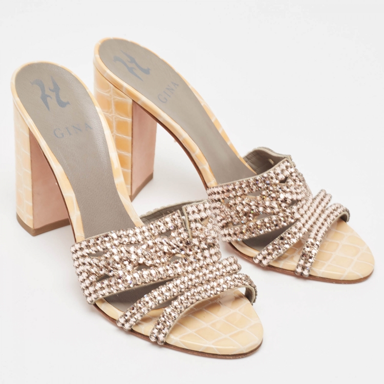 Pre Owned Gina Beige/Pink Crystal Embellished Leather Block Heel Slide Sandals Size 38.5