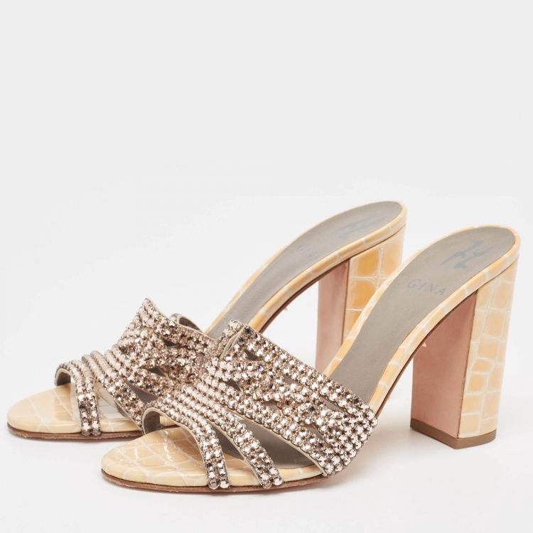 Pre Owned Gina Beige/Pink Crystal Embellished Leather Block Heel Slide Sandals Size 38.5