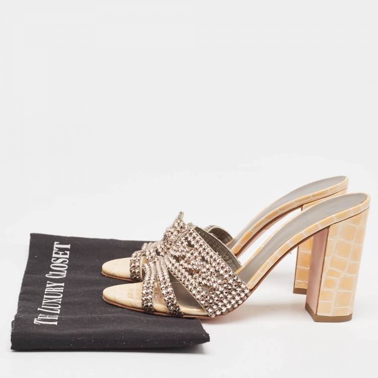 Pre Owned Gina Beige/Pink Crystal Embellished Leather Block Heel Slide Sandals Size 38.5