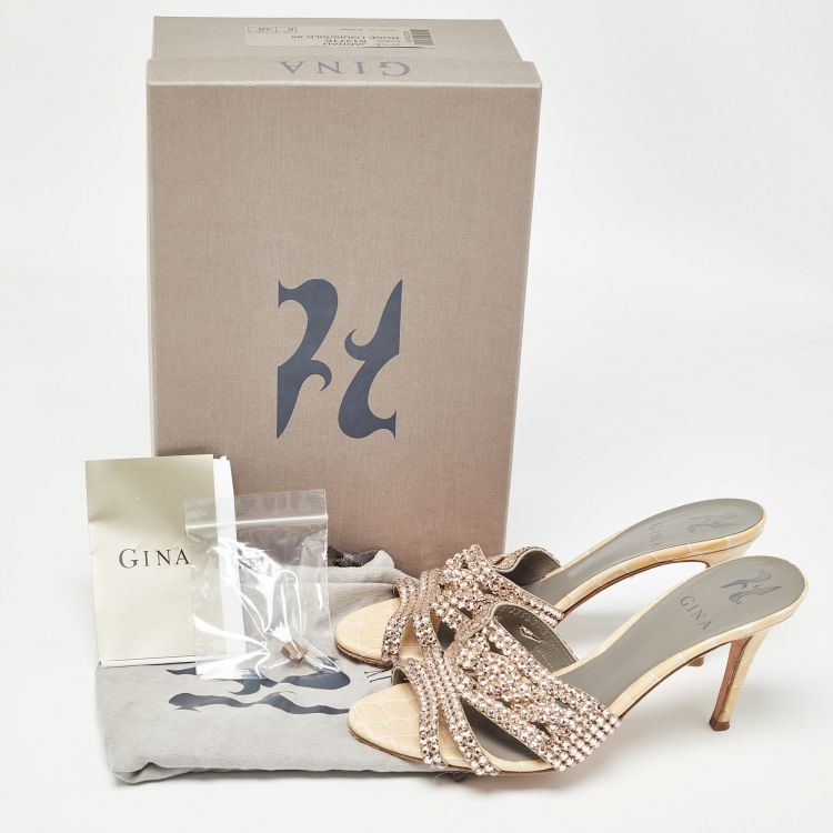 Pre Owned Gina Pink/Beige Crystal Embellished Leather Open Toe Slide Sandals Size 38