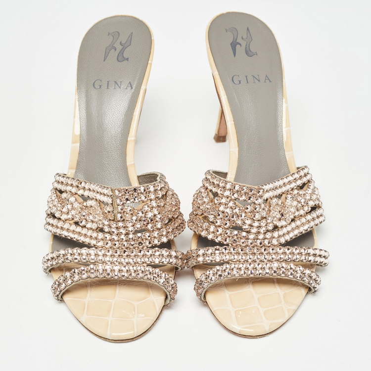 Pre Owned Gina Pink/Beige Crystal Embellished Leather Open Toe Slide Sandals Size 38