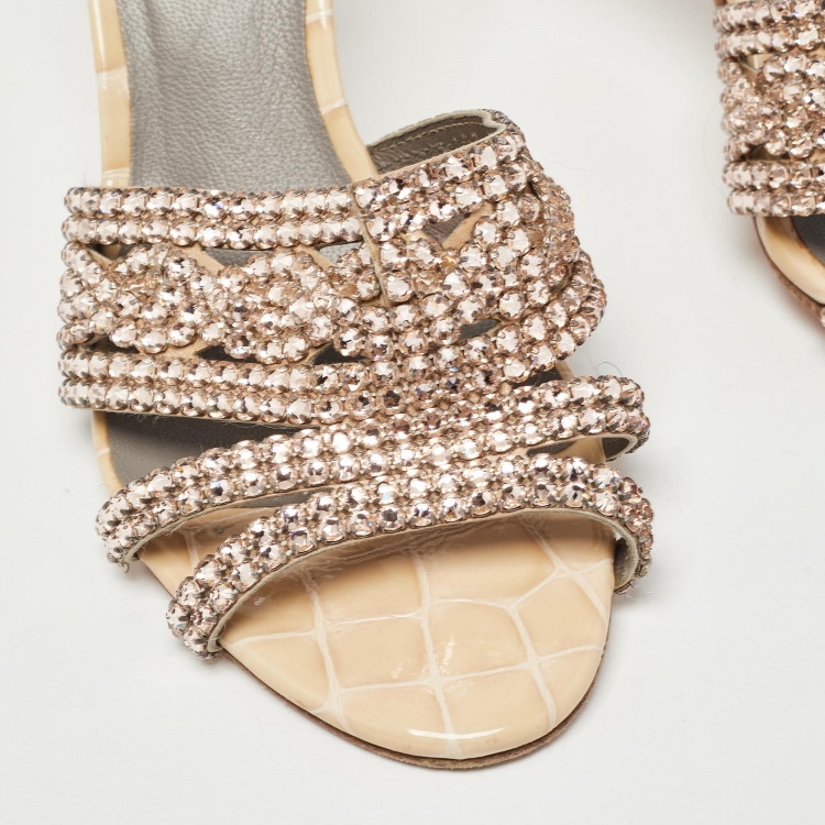 Pre Owned Gina Pink/Beige Crystal Embellished Leather Open Toe Slide Sandals Size 38