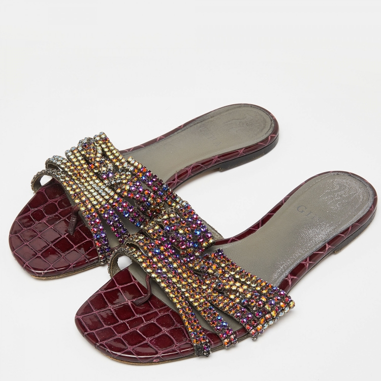 Pre Owned Gina Multicolor Crystal Embellished Loren Flat Slides Size 39