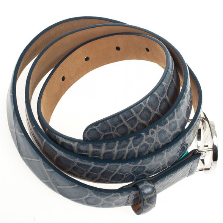 Pre Owned Giorgio Armani Blue Croc Embossed Logo Belt Size 46